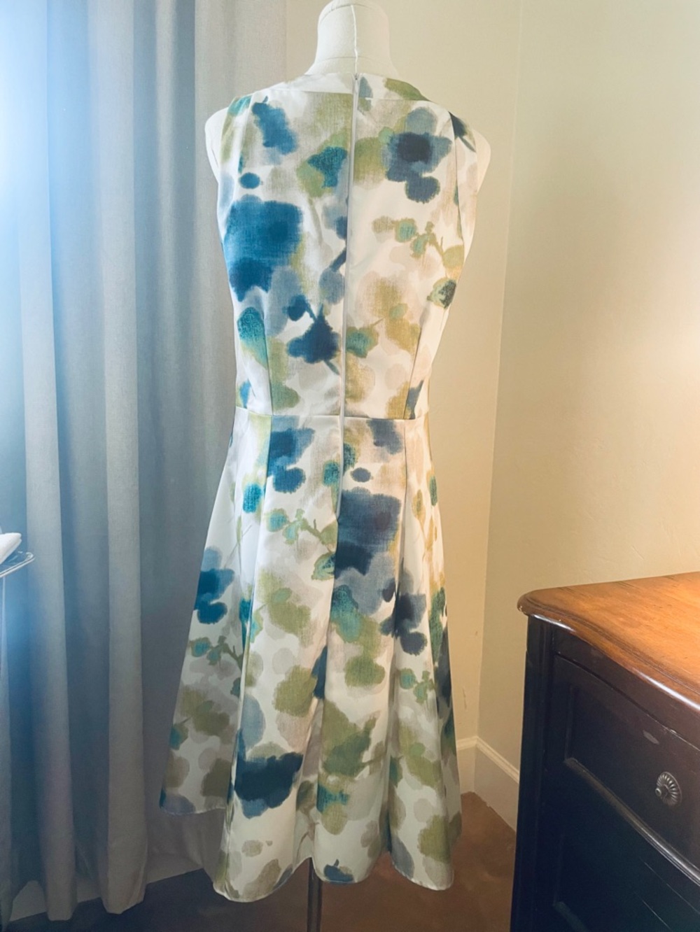New Sleeveless Floral‎ Watercolor A-Line Dress in Teal & Olive - Picture 4 of 8